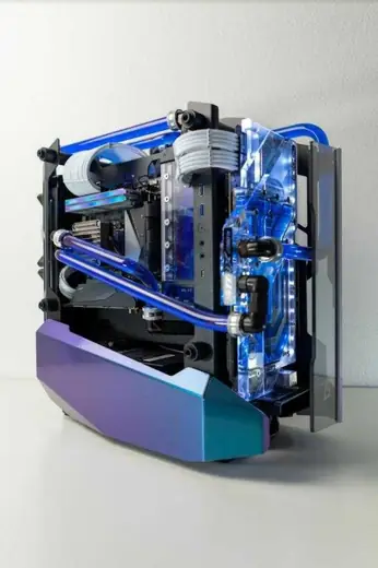 Boîtier ouvert à refroidissement liquide bleu