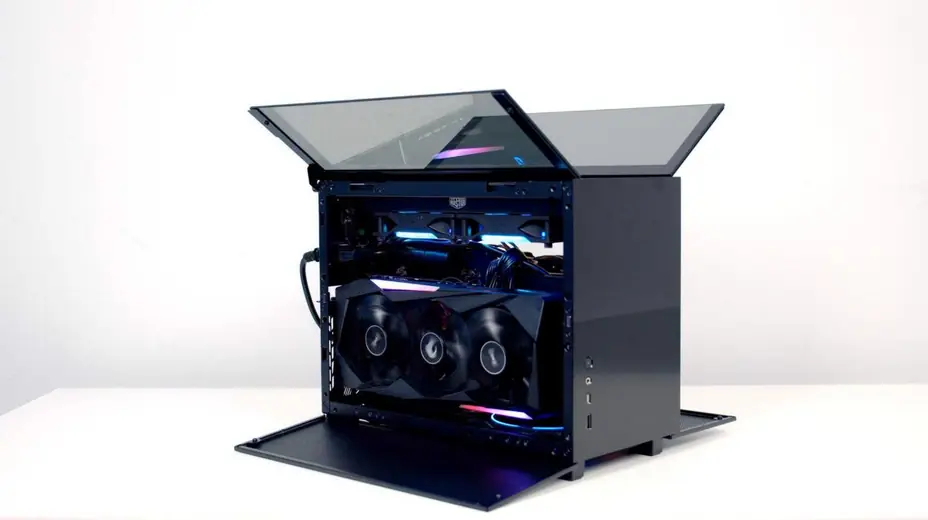 PC noir compact aux panneaux vitrés relevés