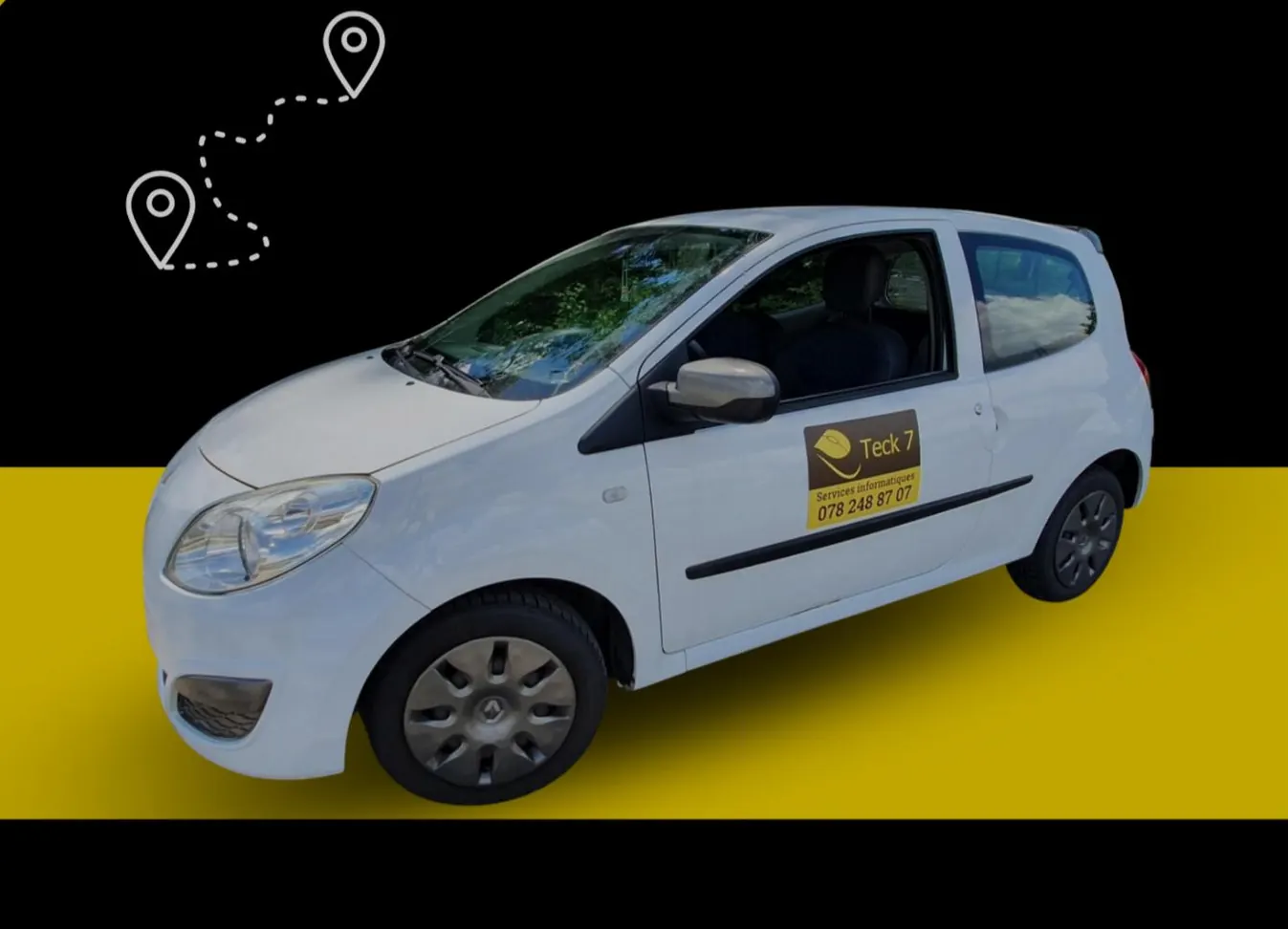 La voiture blanche Teck7, avec le logo et le numéro 078 248 87 07 sur la portière