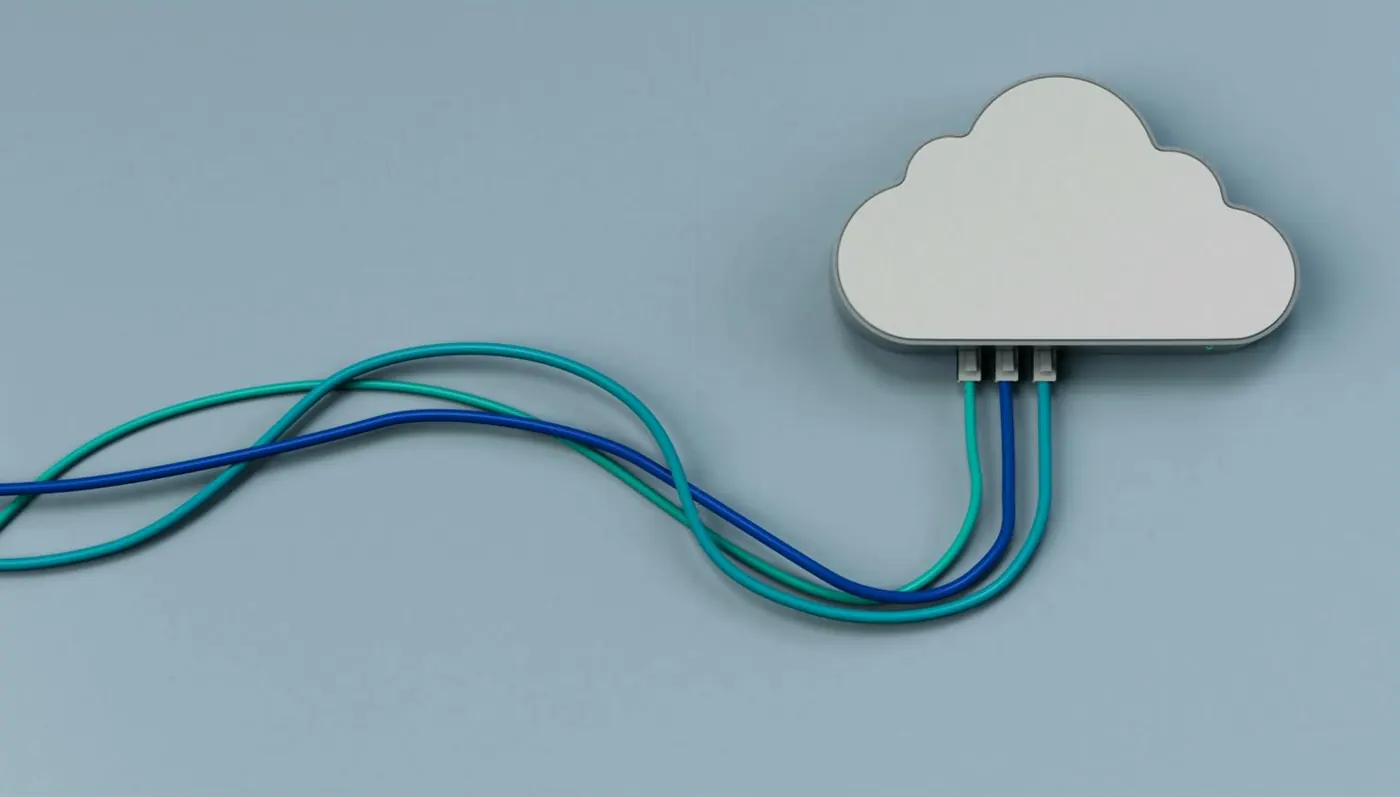 Un boîtier en forme de nuage relié par trois câbles, symbole de sauvegarde Cloud